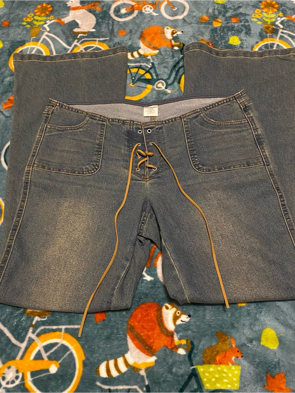 No Boundaries Lace-Up Boot Cut Jeans in Faded Blue with Tan Laces